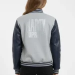 Marty Supreme Gray Navy Versity Leather Jacket Back