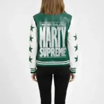 Marty Supreme Green and White Versity Jacket Back