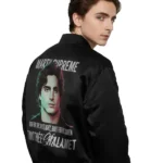Marty Supreme Timothee Black Satin Bomber Jacket Back